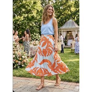 Maude Vivante Tiered Maxi Skirt Orange Lt Blue Tropical Resort Coastal Pockets L